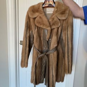 Vintage fur short coat with leather trim and belt